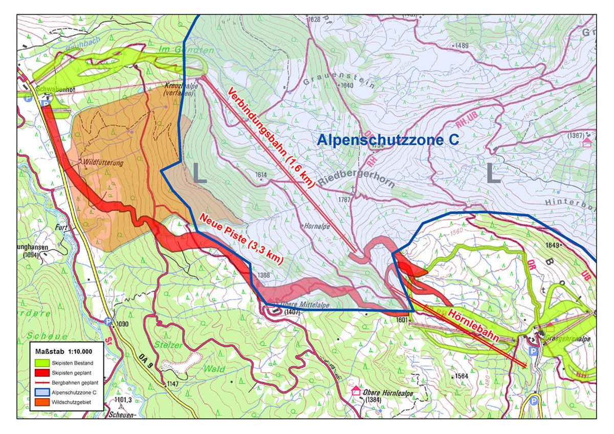Riedberger Horn: So sieht die Planung für die Skischaukel aus. Die Trasse würde mitten durch das vom Alpenplan geschützte Gebiet verlaufen. Quelle: DAV